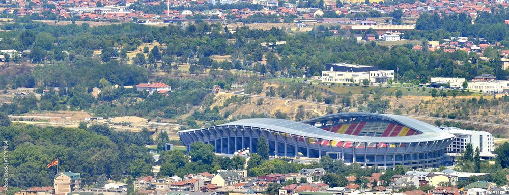 Aerial view of a soccer field in Skopje, Filip II Stadium
