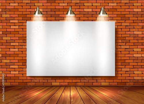 Brick show room with spotlights. Vector.