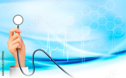 Background with hand holding a stethoscope. Vector