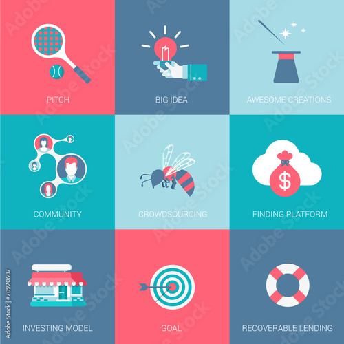 Flat start up business design icons set pitch big idea funding