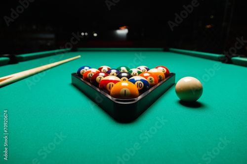 Billiard balls in a pool table.