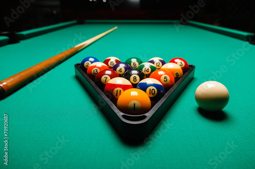 Billiard balls in a pool table.