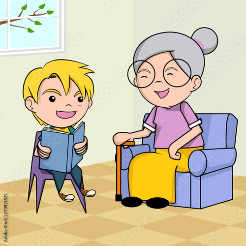 Child caring old people, vector illustration
