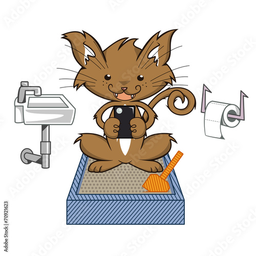 Happy cat litter box and smartphone, vector illustration