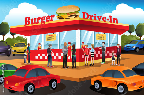 People ordering hamburger at a drive-in hamburger restaurant