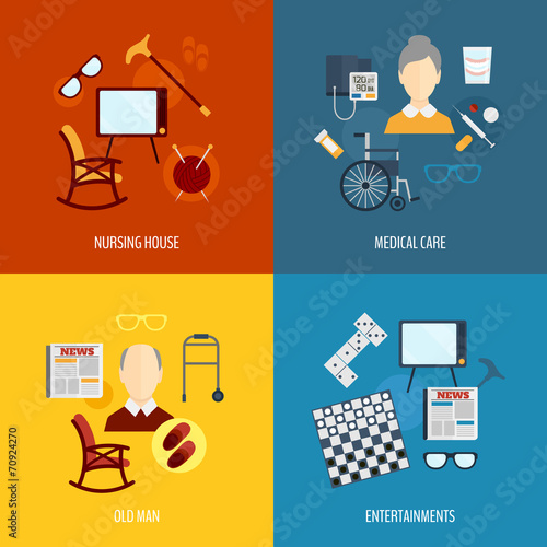 Pensioners life icons flat