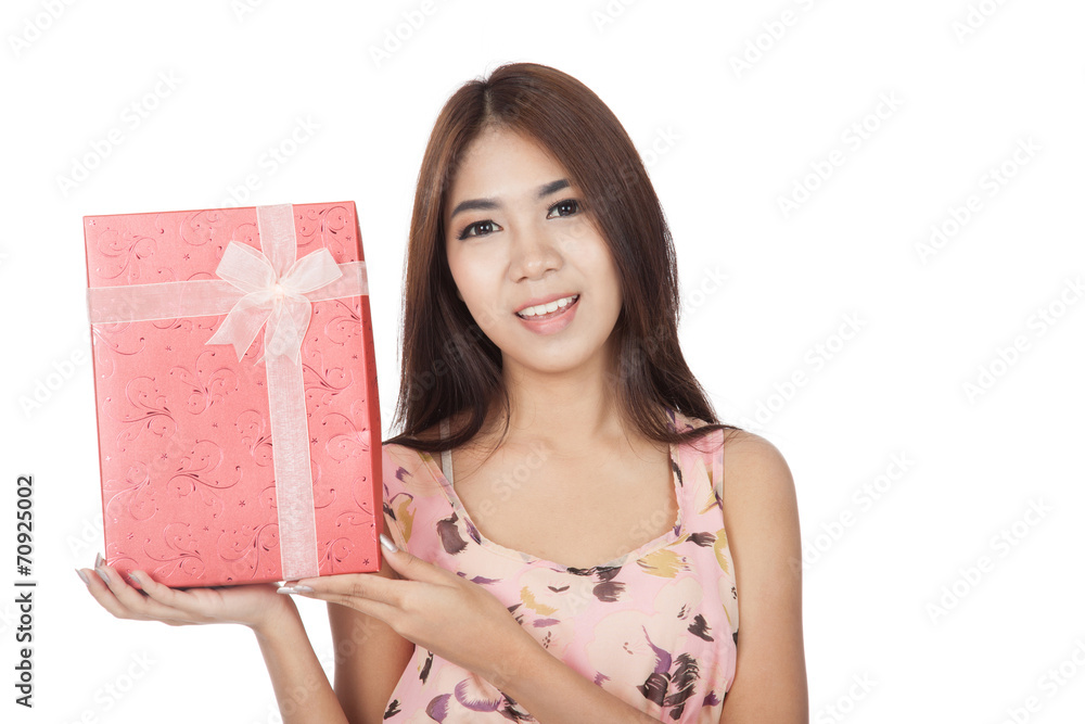 Beautiful Asian woman smile with red gift box Beautiful Asian woman smile with red gift box