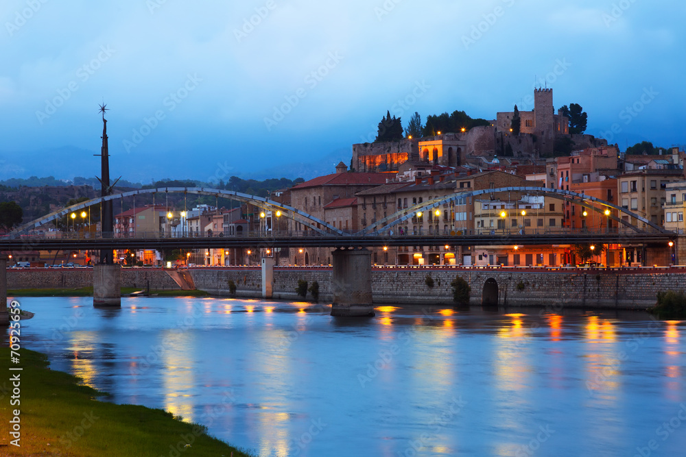 Evening view of Ebro  with bridge and Suda Castle in Tortosa.