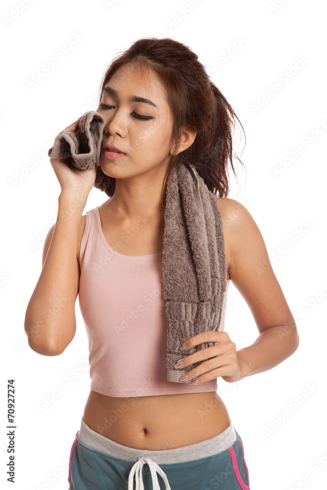 Happy Asian thin girl wipe the sweat after workout Happy Asian thin girl wipe the sweat after workout