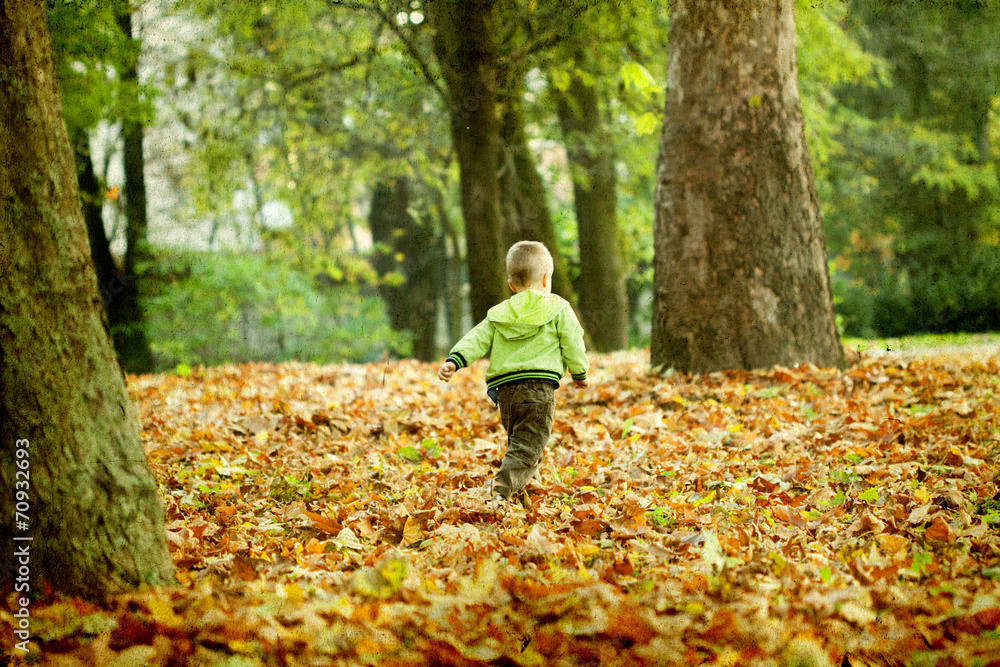 Boy playing in colorful autumn park