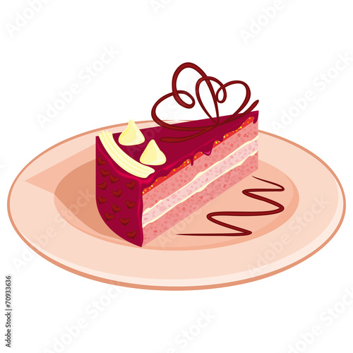 Piece of delicious cake with cream and chocolate on a plate