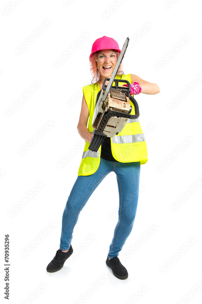Worker woman with chainsaw over white background Worker woman with chainsaw over white background