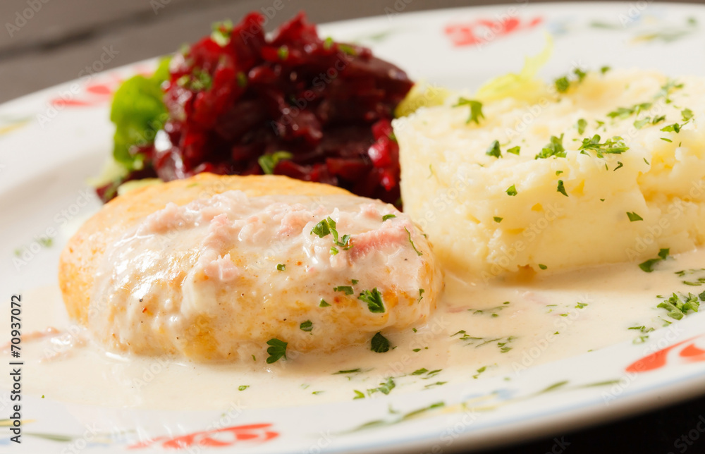 chicken cutlet with mashed potatoes and beetroot salad