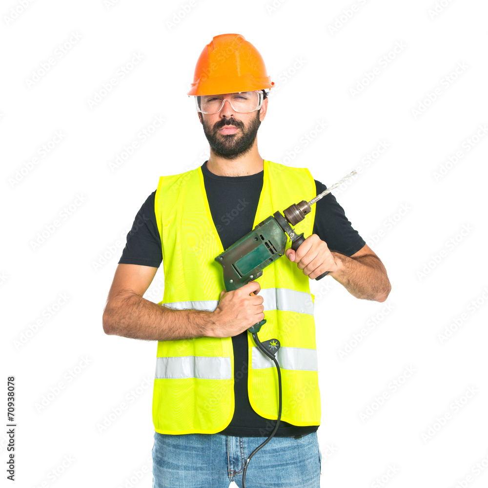 workman with drill over white background workman with drill over white background