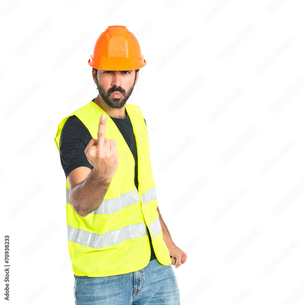 Workman making horn gesture over white background
