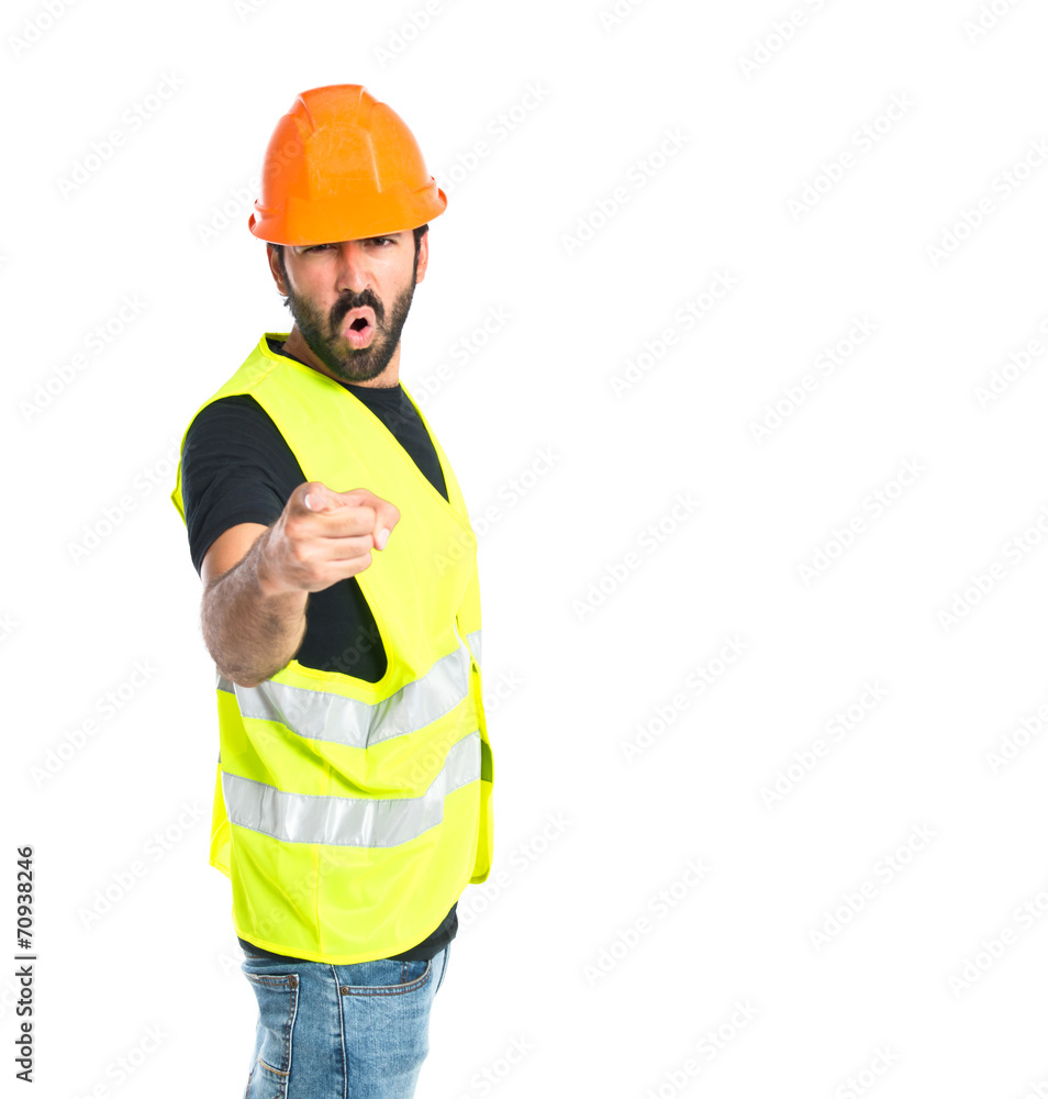 Workman shouting over isolated white background Workman shouting over isolated white background