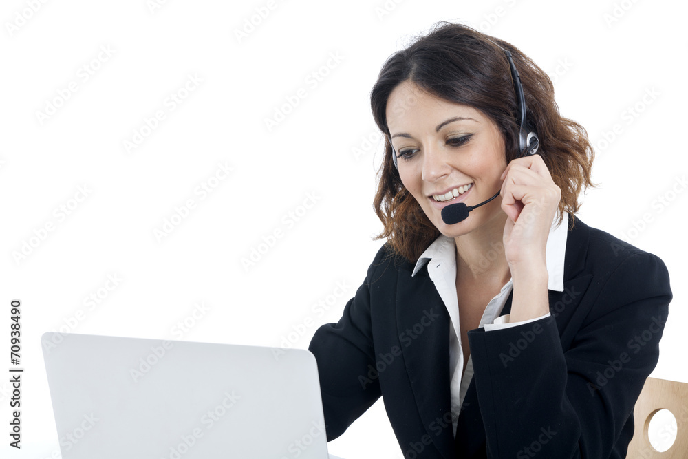 Woman customer service worker, call center smiling operator Woman customer service worker, call center smiling operator