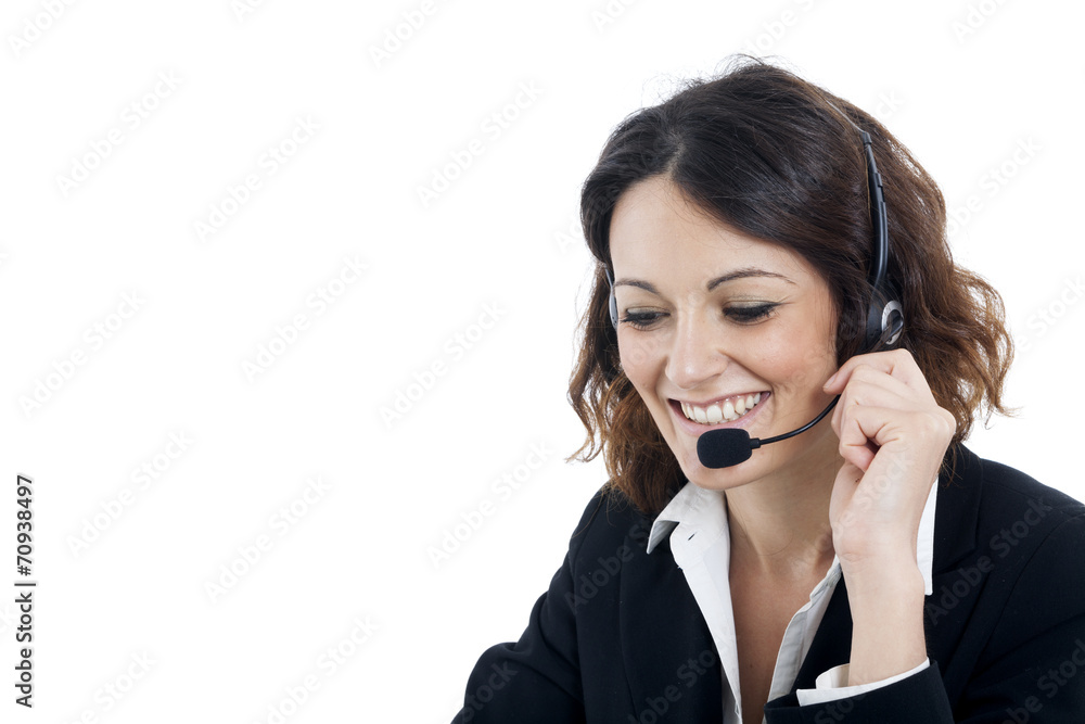 Woman customer service worker, call center smiling operator Woman customer service worker, call center smiling operator
