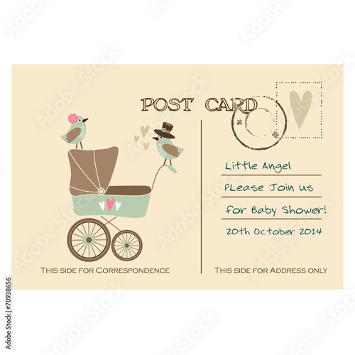 Vintage cute baby shower greeting postcard, invitation