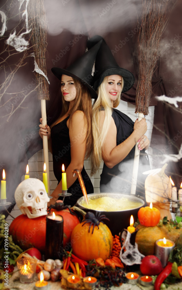 Two witches with a broom, tinted