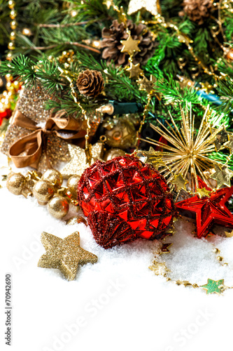 christmas decoration with red baubles and stars