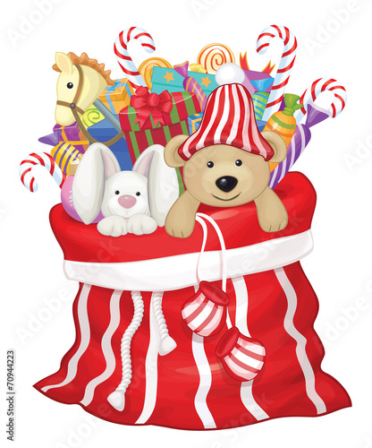 Vector Santa Claus bag with toys and gifts.
