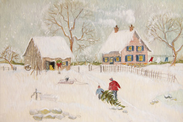 Winter scene of a farm with people, digitally altered
