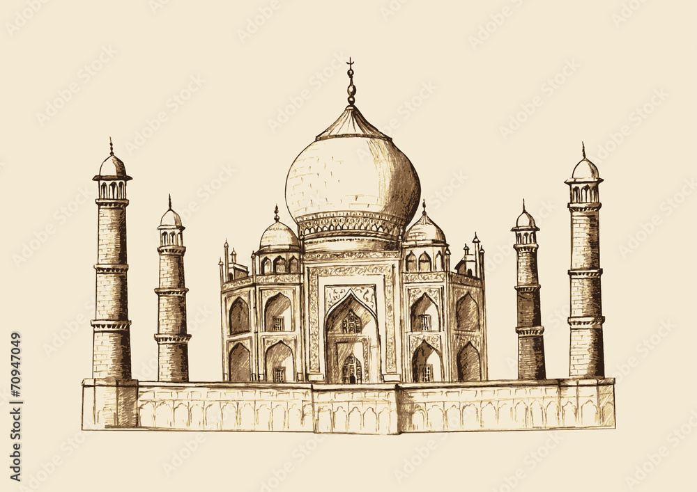 Taj Mahal, India in vintage hand drawn illustration