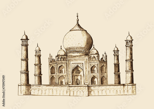 Taj Mahal, India in vintage hand drawn illustration