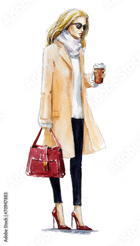 fashion illustration of a blond girl in a coat