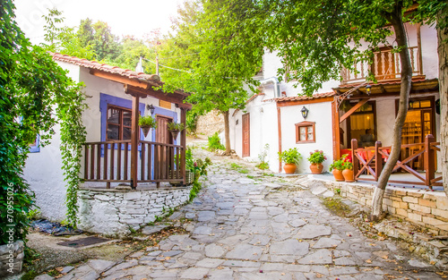 Greek houses and tavern on a stone path on the island of Thassos