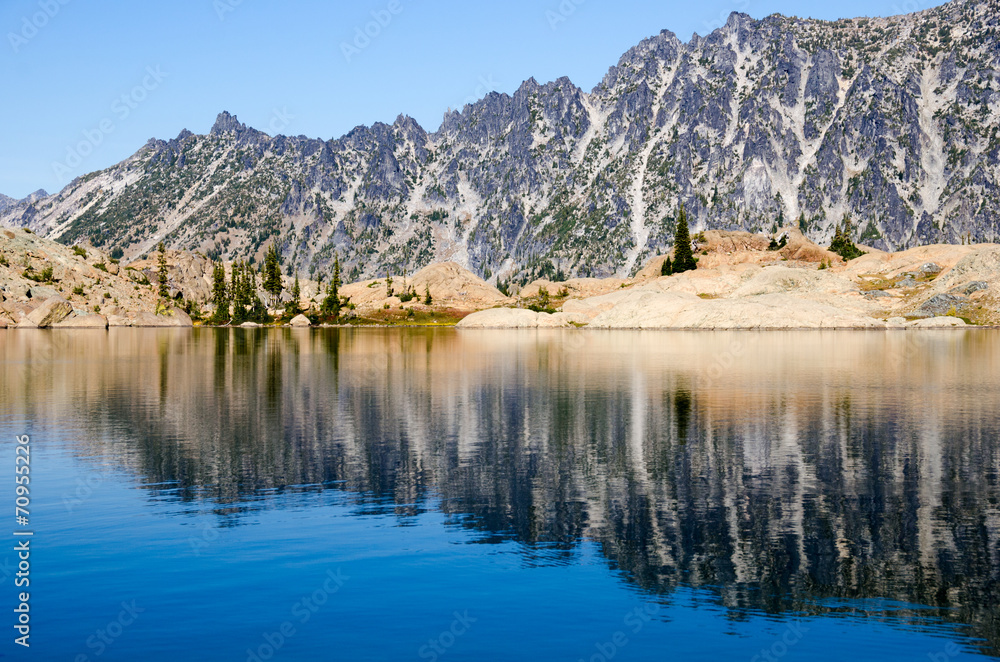 Ragged mountain reflected in a clear blue lake