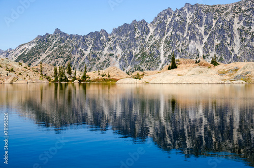 Ragged mountain reflected in a clear blue lake