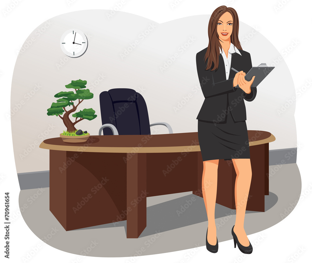 A business woman stands with a clipboard at the office A business woman stands with a clipboard at the office