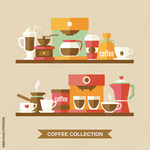 Coffee elements on shelves