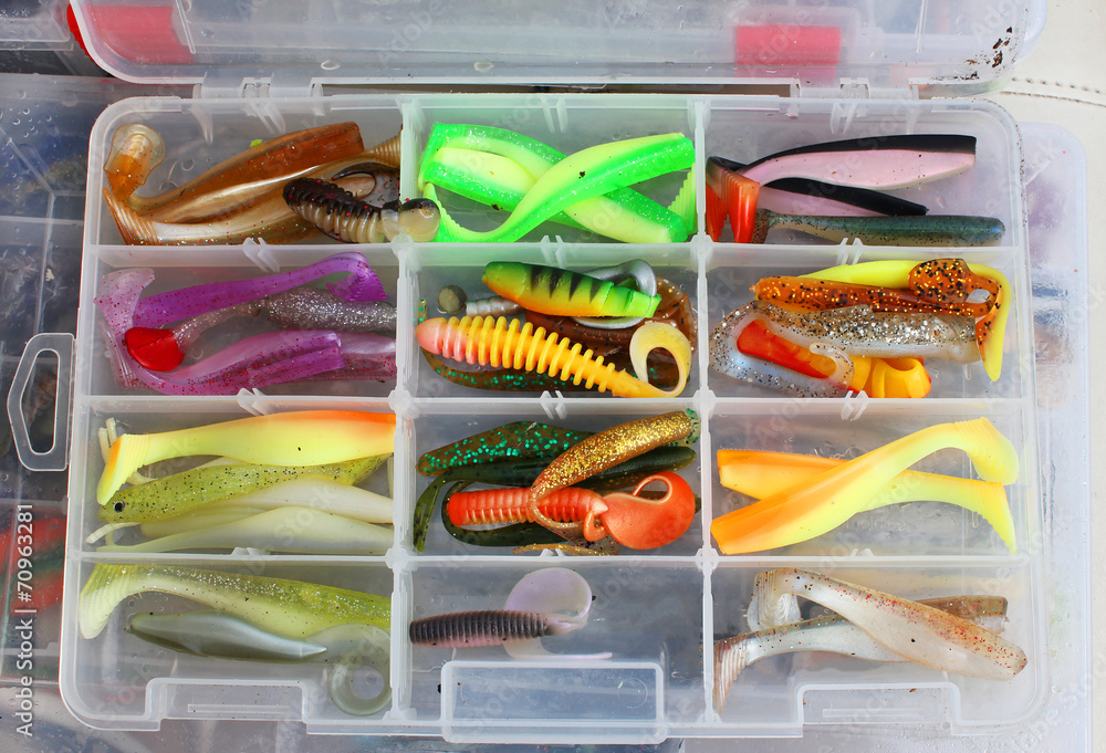 fisherman's tackle box with lures and gear for fishing Stock Photo