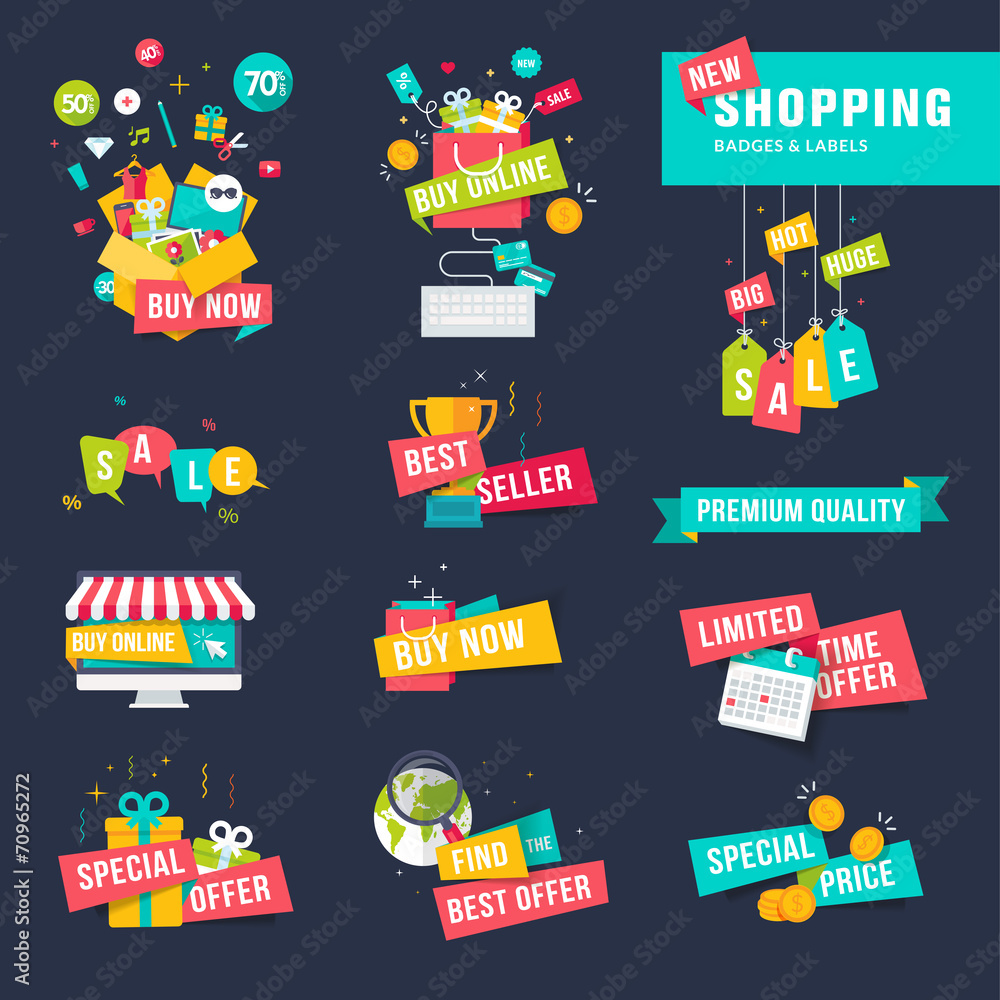 Set of flat design badges and ribbons for shopping