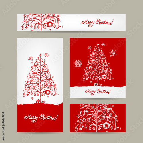 Merry christmas, set of postcards with winter tree