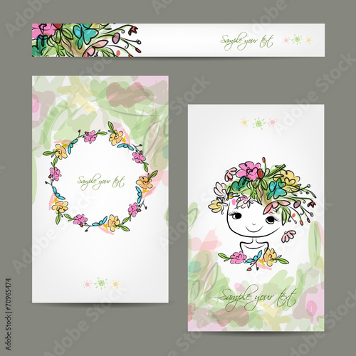 Postcard floral design with cute girl sketch