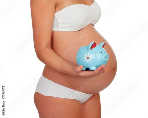 Body pregnant in underwear with moneybox