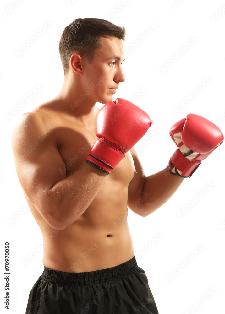 Handsome young muscular sportsman with boxing gloves isolated Handsome young muscular sportsman with boxing gloves isolated