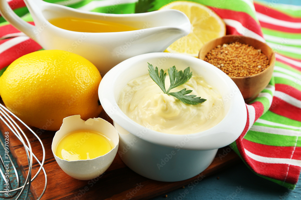 Mayonnaise ingredients on wooden background Mayonnaise ingredients on wooden background