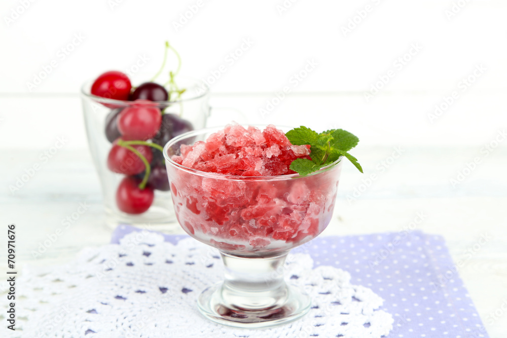 Closeup of cherry granita in glass bowl, Closeup of cherry granita in glass bowl,