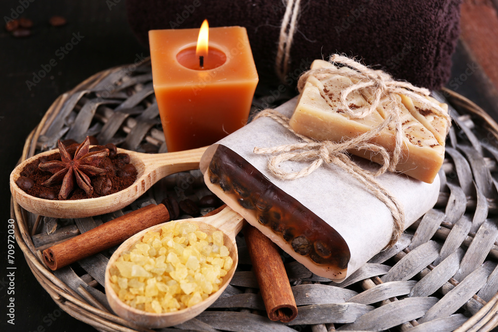 Organic soap with coffee beans, sea salt and milled coffee in Organic soap with coffee beans, sea salt and milled coffee in