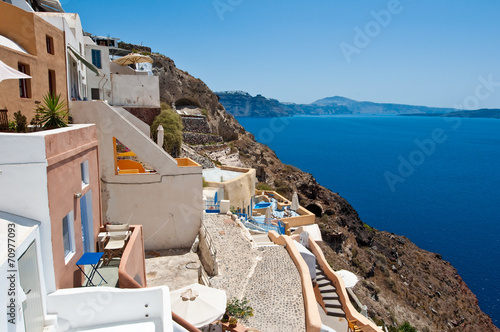 View of Oia village on Santorini also known as Thera, Greece.