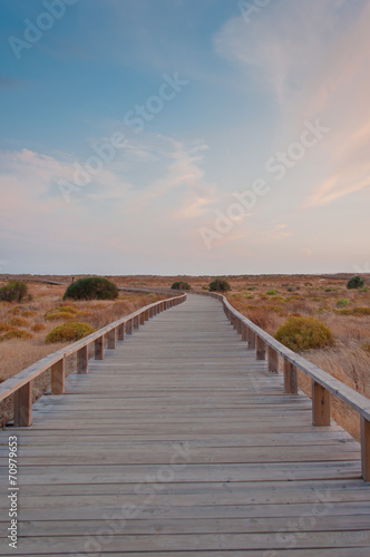 Wooden footbridge in the dunes  Algarve  Portugal  at sunset