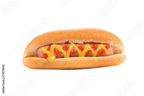 Tasty hot dog with mustard and ketchup.
