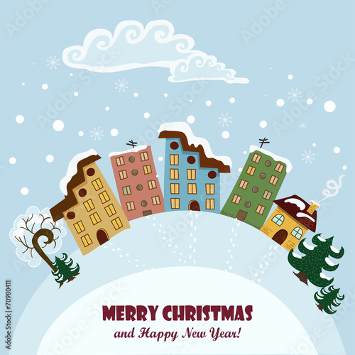 Christmas card with houses and signs. Vector illustration