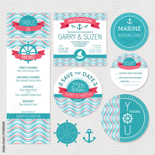 Set of marine wedding cards