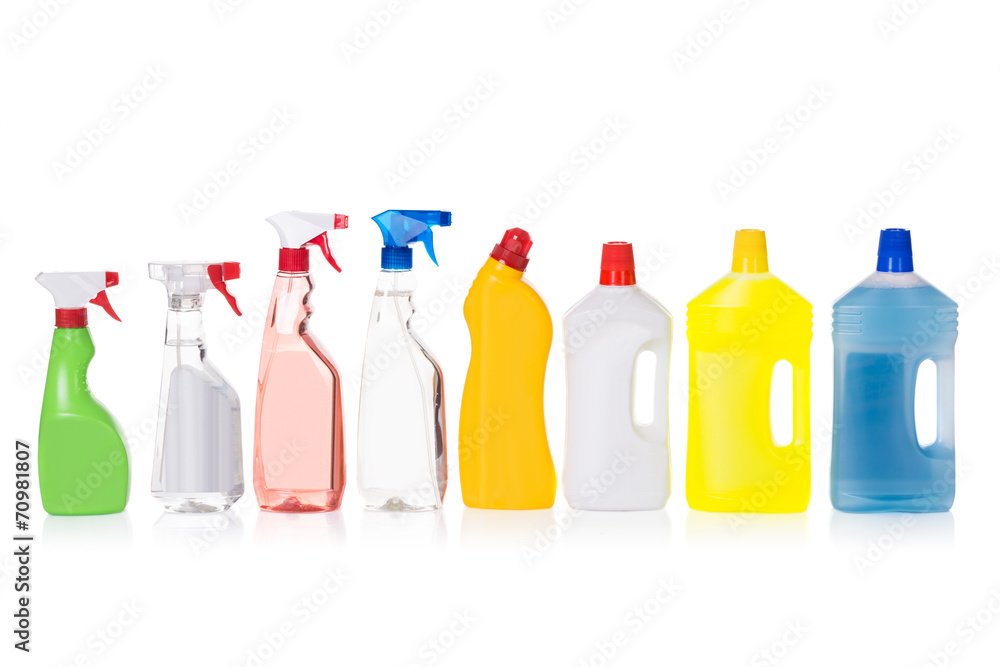 Cleaning liquid bottles in row Cleaning liquid bottles in row